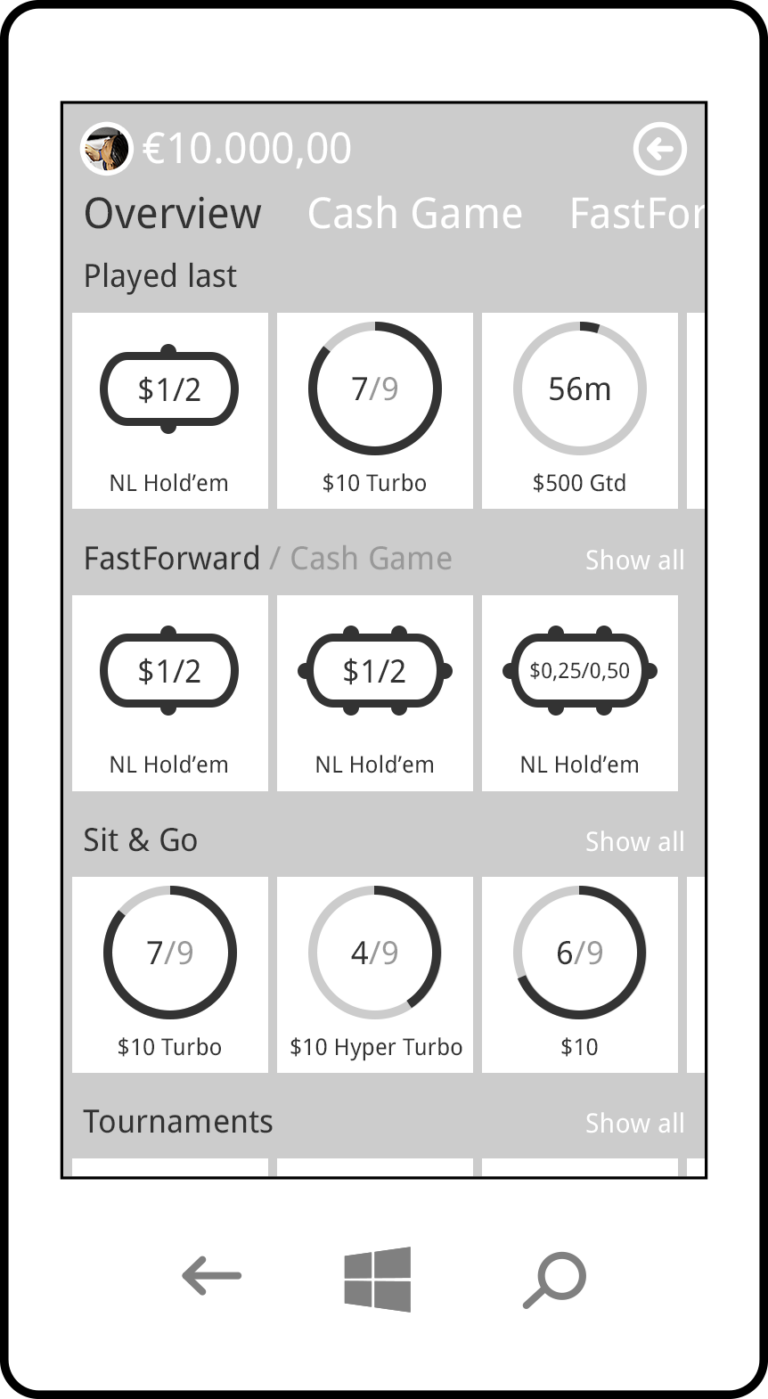 Wireframe for the main lobby game selection