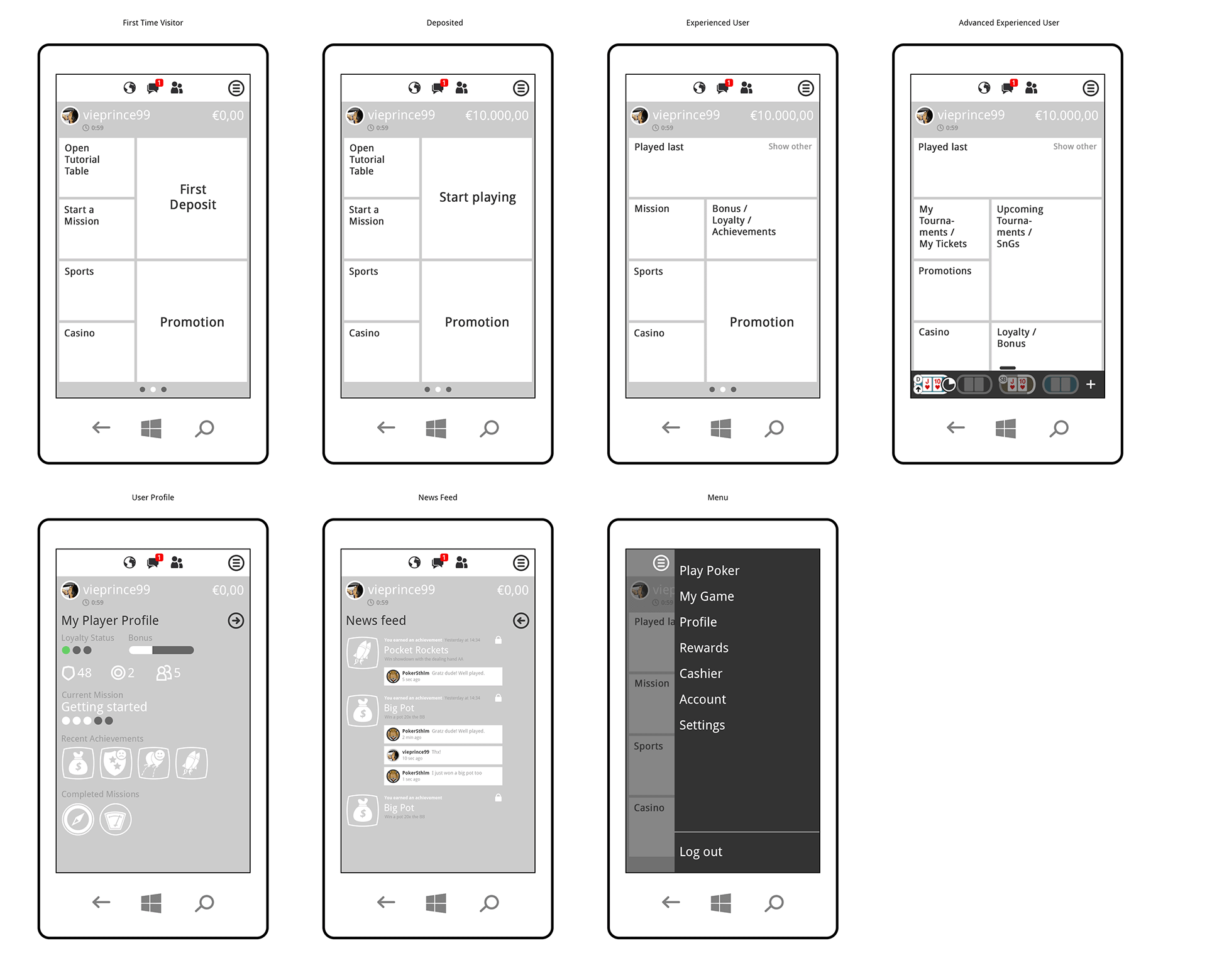 Poker App Wireframes